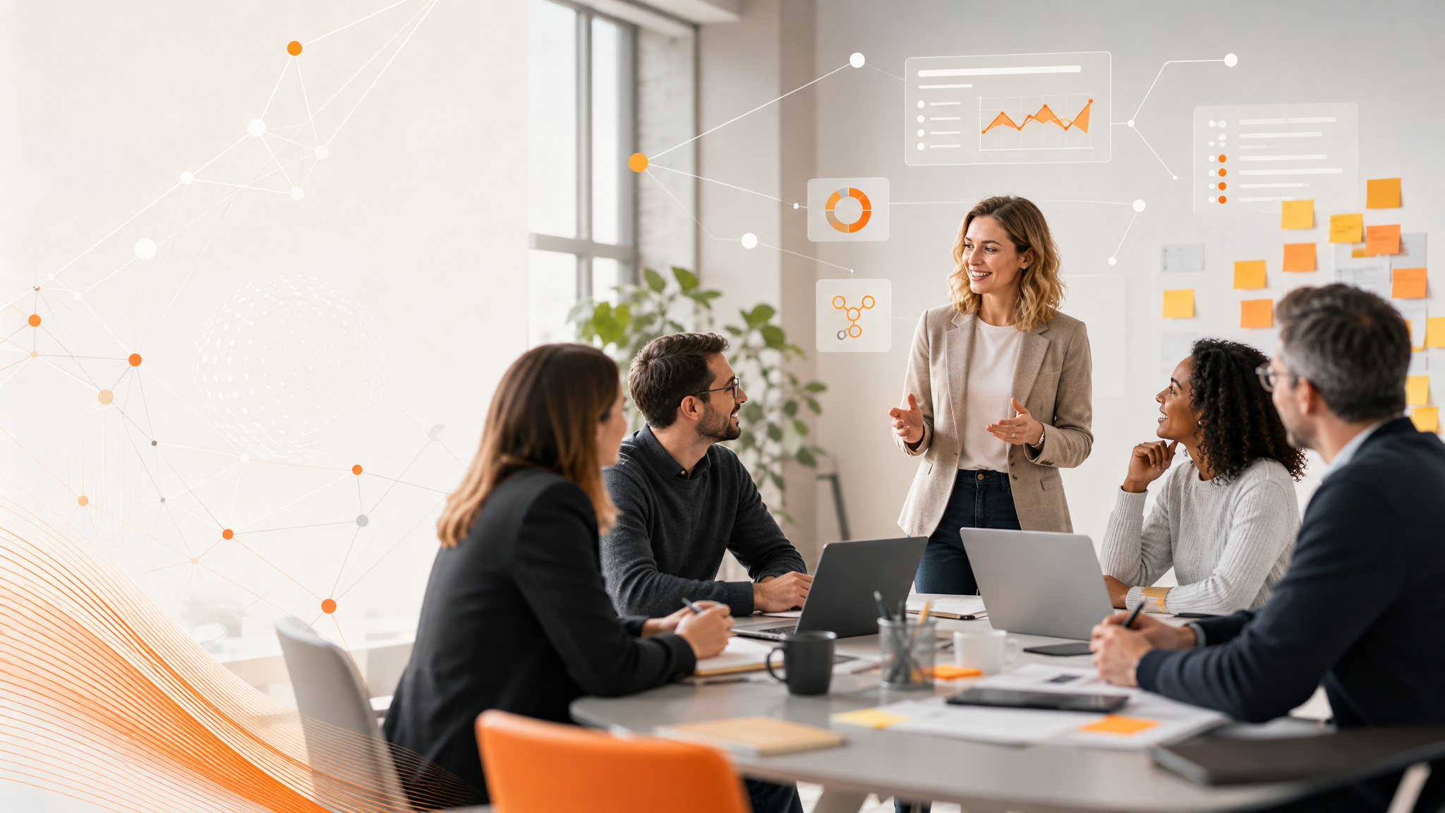 KI-Schulung im Mittelstand mit Workshop-Situation und abstrakten KI-Elementen