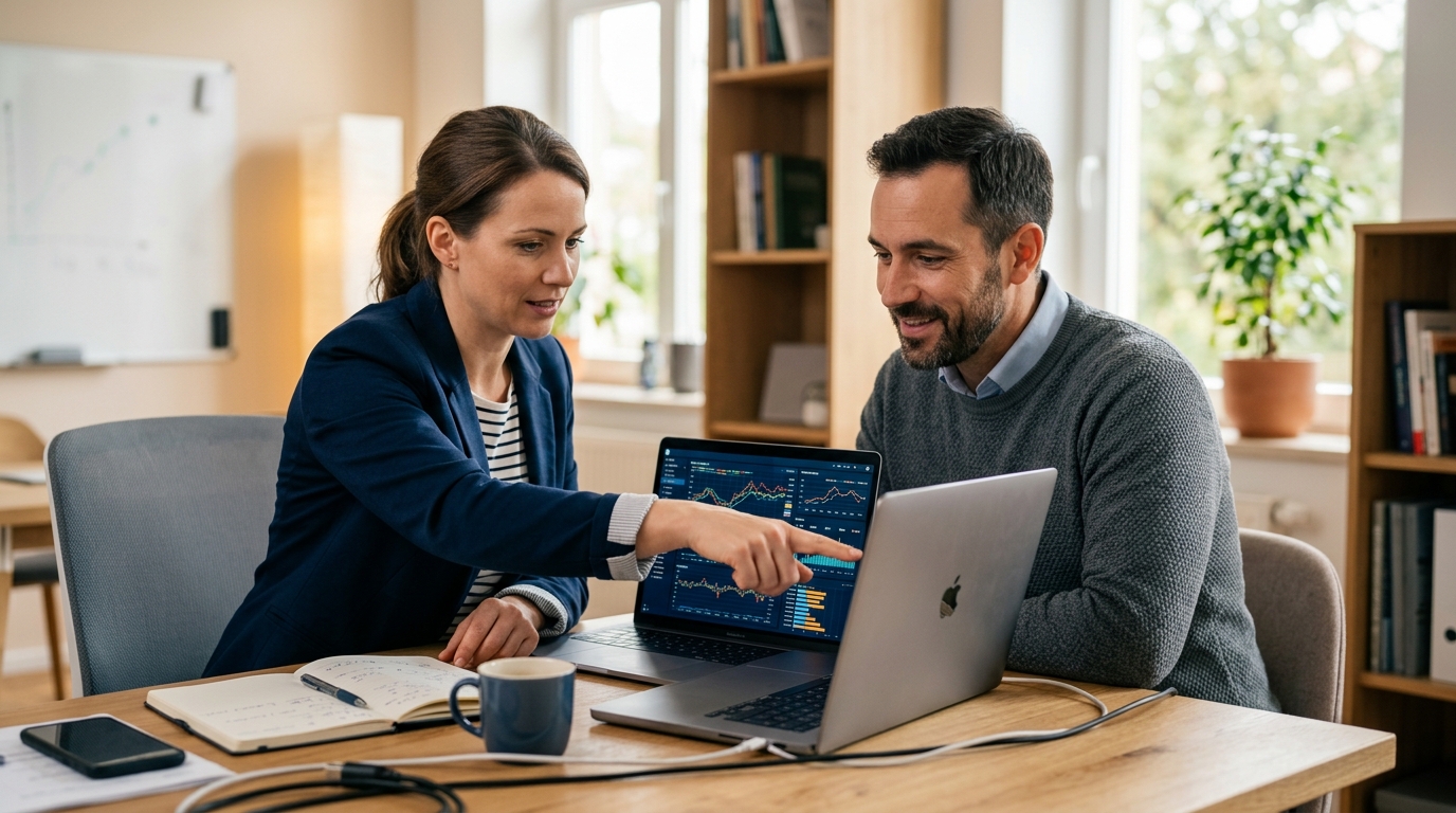 Zwei Menschen arbeiten gemeinsam an einer technischen Lösung